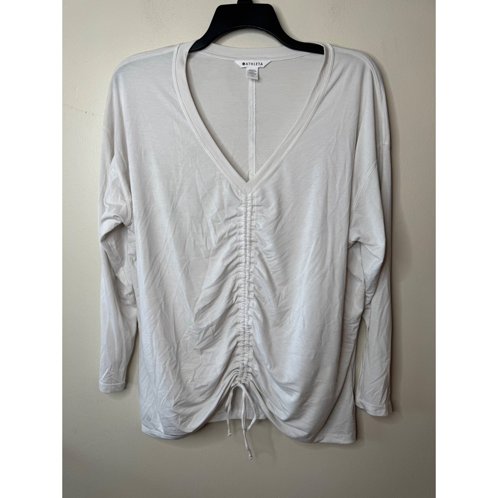 Athleta Crossover Ruched Top Off White Cream V-Neck Long Sleeve Shirt